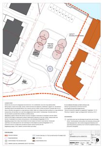 Situasjonsplan som viser tomtens grenser, eksisterende og planlagt bebyggelse, samt parkeringsplasser og infrastruktur.