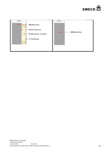 Tegning som viser detaljert oppbygning av en vegg eller konstruksjon med målinger og materialbeskrivelser (betong, mellomrom, stender, mineralull, gips).