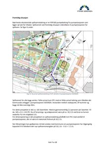 Situasjonsplan som viser fremtidig situasjon for spillvannsledning, inkludert rørledninger, pumpestasjoner og bygninger.