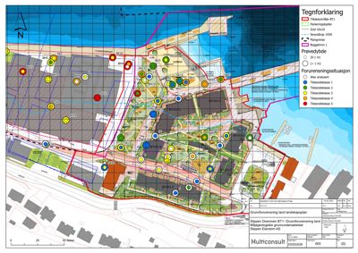 Situasjonsplan som viser forurensningssituasjon, byggetrinn og parkeringskjeller på et tomt.