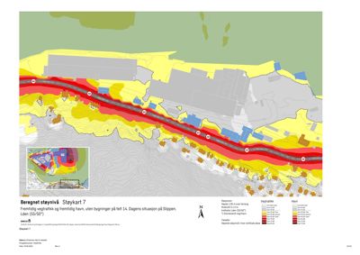 Støykart som viser beregnet støy fra fremtidig vegtrafikk og havn i Slippen-området.