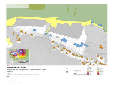 Støykart som viser beregnet støynivå i området, med fargekoding for ulike støysoner og topografi.
