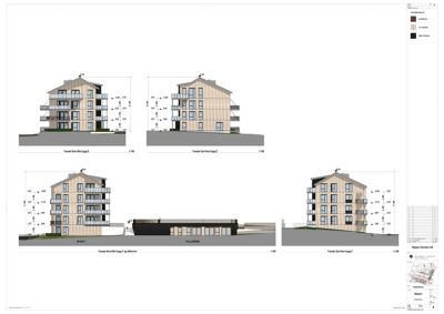 Fasadetegninger som viser utsiden av en bygning med mål og detaljer.