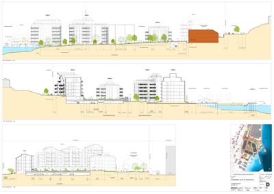 Snittegning som viser tverrsnittet av bygningene og terrenget.