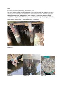 Fotografier av bygningens peler (støttestolper) under vann, som viser skader og materialskift.