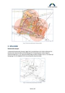 Situasjonsplan som viser et industriområde med overlappende soner (brannvannsdekning) og en pumpestasjon.