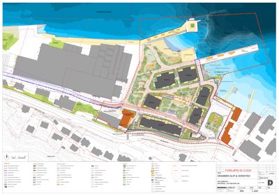 Situasjonsplan som viser tomtens beliggenhet, naboeiendommer, infrastruktur og planlagt bebyggelse.
