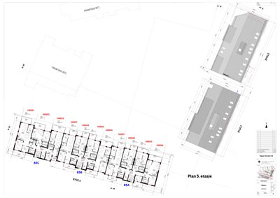 Etasjeplan (5. etasje) med romfordeling, dører og vinduer.