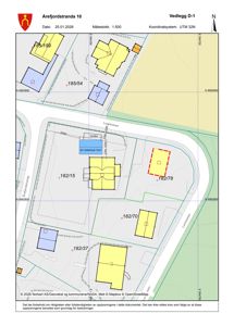 Situasjonsplan som viser eiendomsnummer, bygninger, veier og grenser for Arefjordstranda 10.