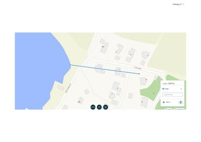 Kartutsnitt som viser eiendomsgrenser, vegnett og ei blå linje som markerer ei avstand (145,71 m) mellom to punkter.