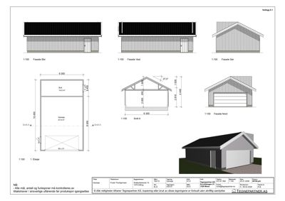 Fasade- og snittegninger for en garasje med oppriss av bygningens utseende fra alle sider.