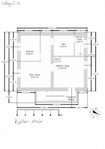 Etasjeplan for kjeller-etasje med romfordeling, mål og areal.