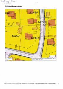 Situasjonsplan som viser eiendomsgrenser, bygningsspor, vegnavn (Rognveien, Hesteskøien) og kommunale enhetsnummer (f.eks. 43/495) for Saltdal kommune.