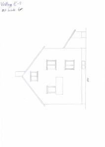 Håndtegnet fasadeoppriks av en bygning med vinduer og takform