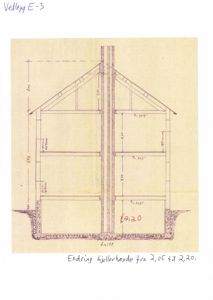 Snittegning som viser bygningens tverrsnitt, takkonstruksjon og grunnmur.