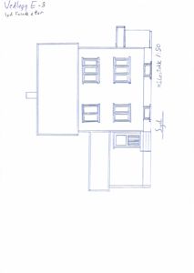 Håndtegnet tegning av bygningens fasade sett fra sør.