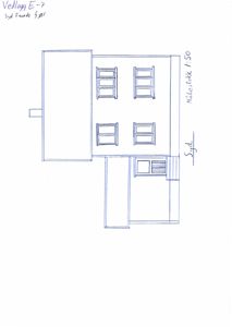 Håndtegnet fasadetekning av en bygning sett fra sør, med angitt målestokk 1:50.