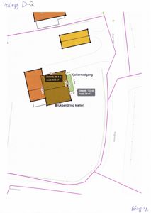Situasjonsplan som viser tomtens grenser, eksisterende bygninger (kjeller) og planlagt bruk (kjellernedgang).