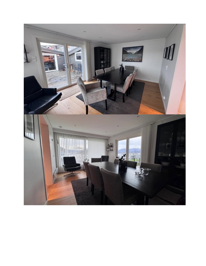 Fotografier av et innendørs rom (spisestue) med møbler, gulv og utsikt gjennom vinduer.