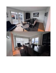 Fotografier av et innendørs rom (spisestue) med møbler, gulv og utsikt gjennom vinduer.