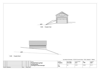 Fasadetegning som viser bygningens utseende sett fra nord og vest, inkludert detaljer som vinduer, dører og takform.
