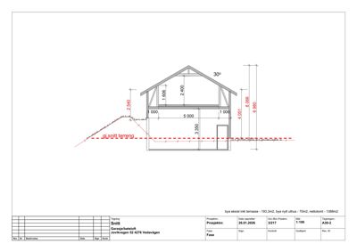 Snittegning som viser tverrsnitt gjennom en bygning med angitte høyder, takhelling og terrengforhold.