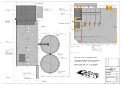 Plantegning som viser anleggsplassering for en bioreaktor og en buffer tank i et teknisk rom.