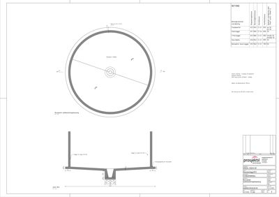 Snittegning (Snitt B-B) som viser betongkonstruksjonen for en rund betongtank, inkludert detaljer for vegger og bunntank.