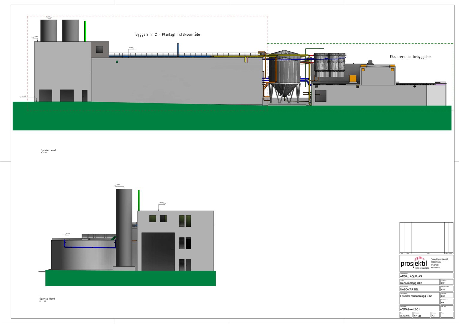 Fasadetegning som viser bygningens utseende sett fra nord og vest, inkludert eksisterende og planlagt bebyggelse.