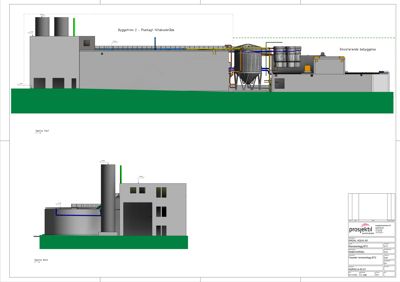 Fasadetegning som viser bygningens utseende sett fra nord og vest, inkludert eksisterende og planlagt bebyggelse.
