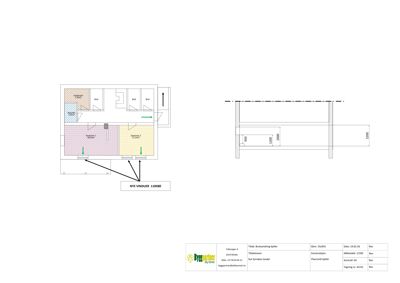 Etasjeplan for et utbyggingsprosjekt (spillerom) som viser romfordeling, dører, vinduer og dimensjoner.