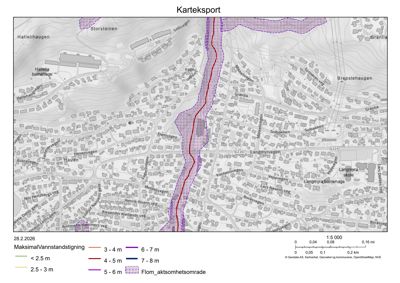 Kart over et område med overlagte vannstandstigningsdata og flomaktomsområder.