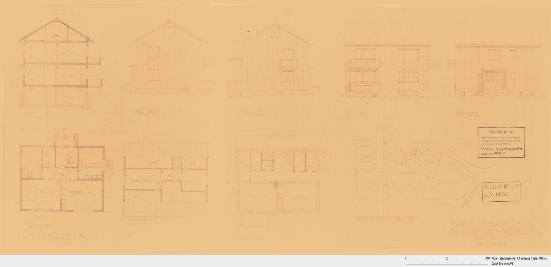 En tegning som viser flere utsnitt av en bygning, inkludert fasader og etasjeplaner.