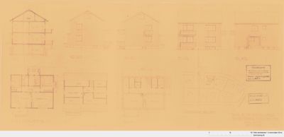 En tegning som viser flere utsnitt av en bygning, inkludert fasader og etasjeplaner.