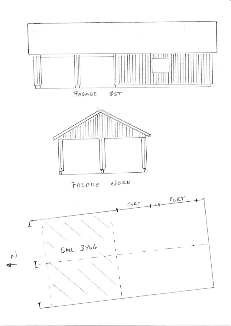 Håndtegnet fasadetegning som viser bygningens utsyn mot øst og nord, samt en situasjonsplan med angitte portplasseringer.