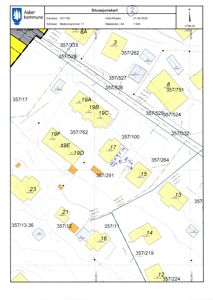 Situasjonskart som viser eiendomsnummer, bygningstall og tomtegrenser i et nabolag.
