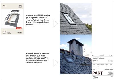 Fotografier av takvinduer montert på et tak, illustrerende ulike monteringsmetoder.