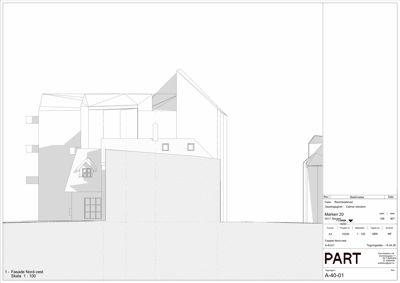 Fasadetegning som viser bygningens utseende sett fra nord-vest.