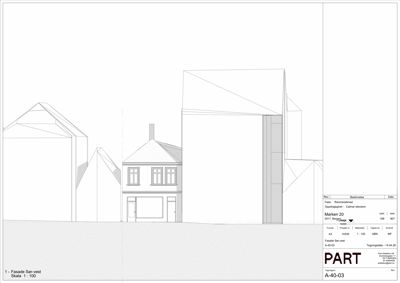 Fasadetegning som viser bygningens utseende fra sør-vest.