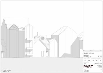 Fasadetegning (Nord-øst) som viser bygningens utseende fra utsiden med takform, vinduer og skygger.