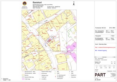 Basiskart som viser eiendomsgrenser, bygninger, vegnett og arealdata for en tomt.