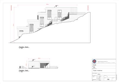 Fasadetegning som viser bygningens utseende sett fra nord og vest, inkludert mål og detaljer.