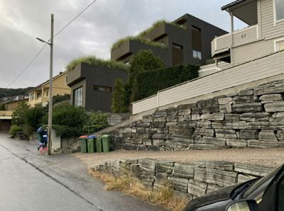 Fotografi av en moderne bolig med grønt tak, sett fra gaten.