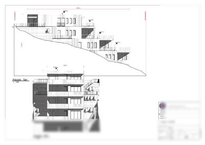 Fasadetegning som viser bygningens utseende fra øst og sør, inkludert høydemål og terrassering.