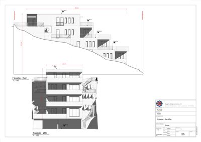 Fasadetegning som viser bygningens utseende fra øst og sør, inkludert høydemål og terrassering.