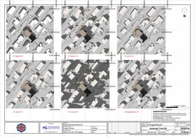 Sol- og skyggediagram som viser bygningenes plassering i forhold til solposisjon på ulike tidspunkter.