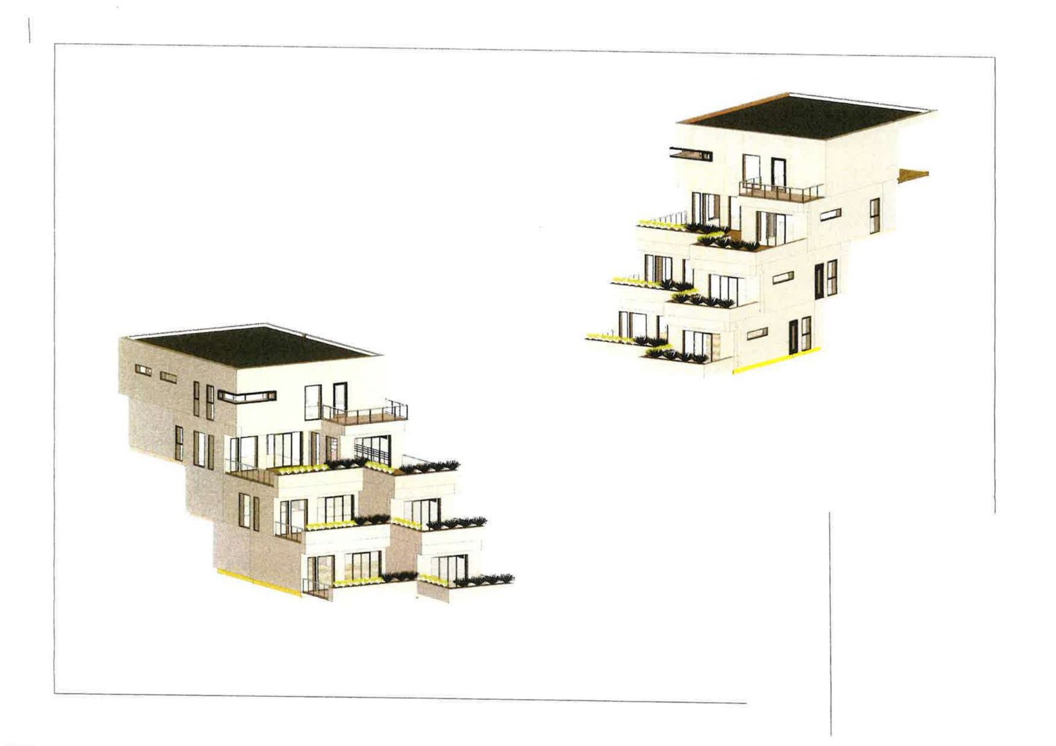 3D-visualisering av en fleretasjes bygning med balkonger og fasadedetaljer