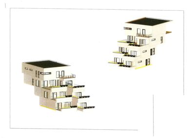 3D-visualisering av en fleretasjes bygning med balkonger og fasadedetaljer
