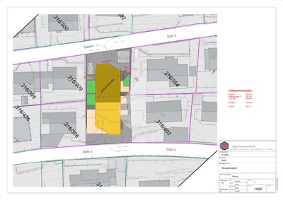 Situasjonsplan som viser tomtens plassering i forhold til nabolag, gateforhold og arealopplysninger.