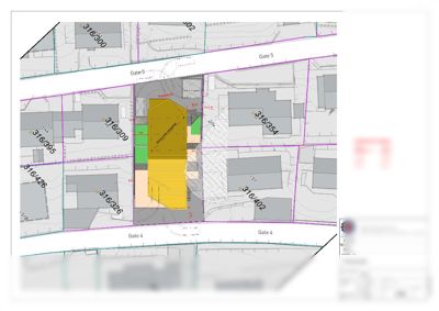 Situasjonsplan som viser tomtens plassering i forhold til nabolag, gateforhold og arealopplysninger.
